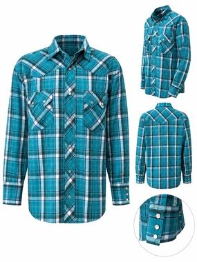 Wrangler Western Pearl Snap Plaid Shirt Teal Blue Men’s Medium Long Sleeve